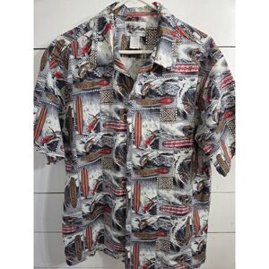 Mens Hawaiian Button Up Shirt by Howie, Size L Made In Hawaii Wooden Buttons EC